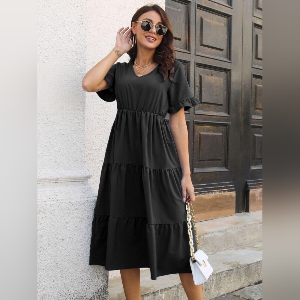 Black Ruffle Sleeve Midi Dress